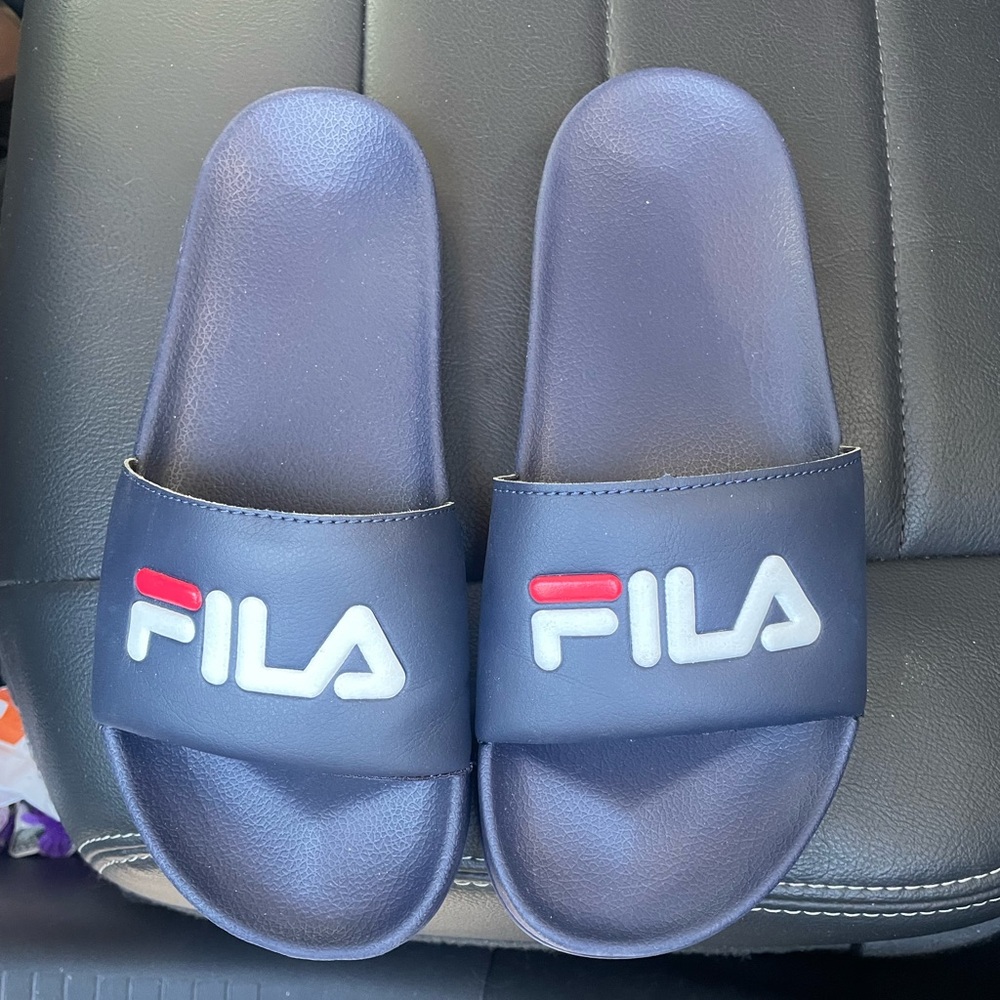 Fila Dark Blue Slides with Red and White Logo